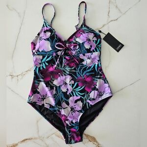 Jones NY Floral Tropical Print Peephole Compression One-piece Swimsuit M Purple